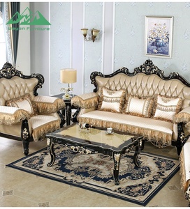 Sofá de Madera de Diseño Clásico Antiguo al por Mayor, Sofá Tapizado con Botones de Cuero Champán para Villa - Product Image 3