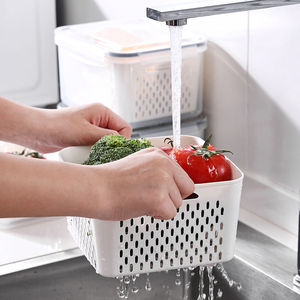 Japanese Style Double Layer <b>Refrigerator</b> Storage Box Rectangle Food Grade Plastic Stackable Draining Preservation <b>Container</b> For - Product Image 3