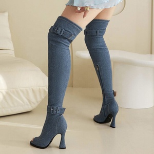 Large Size 46 Women Stretchy Thigh High <b>Boots</b> Summer Belt Buckle Denim Long Booties Over Knee Peep Toe High Heel Shoes - Product Image 5