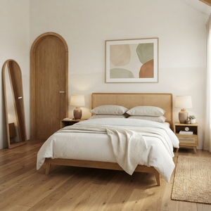 Ensemble de lit plateforme en bois massif avec tête de lit en rotin moderne, lit king-size, ensemble de meubles de chambre en bois - Product Image 2