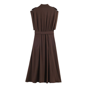 SHENZHU Vestido Midi para Mujer, Nuevo Modelo 2026, Elegante y Moderno con Cinturón, Color Marrón, Estilo Vintage, Casual, Sin Mangas, Vestidos Femeninos, Robe Mujer - Product Image 2