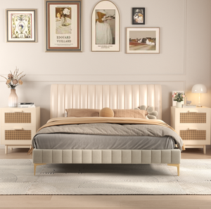 Modern <b>White</b> Natural Rattan <b>Bedside</b> Nightstand 2 Large Drawers Solid Wooden Legs Charging Station Accent End <b>Table</b> for Bedroom - Product Image 5