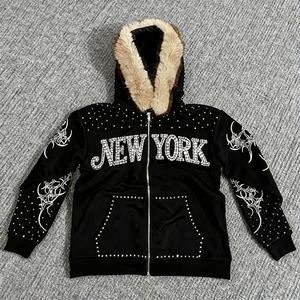 Nouveau Hoodie Zippé Homme Coupe Boxy Style Américain 2026 avec Col en Fourrure Oversize, Imprimé Strass Vintage Streetwear - Product Image 1