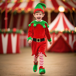 Costume d'elfe de Noël pour enfants, chapeau rouge et vert, chaussettes, chaussures, ensemble complet, tenue de déguisement pour garçons et filles, spectacle de vacances - Product Image 1