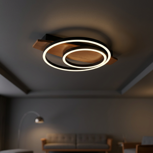 Plafonnier LED rond moderne, design anneau en bois noir, blanc chaud 2700K, culot E27, dimmable pour salon - Product Image 1