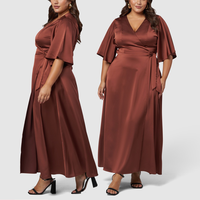 Robe décontractée grande taille pour femme, robe unie pour femme, robe longue modeste en soie personnalisée à manches courtes, col en V et devant noué