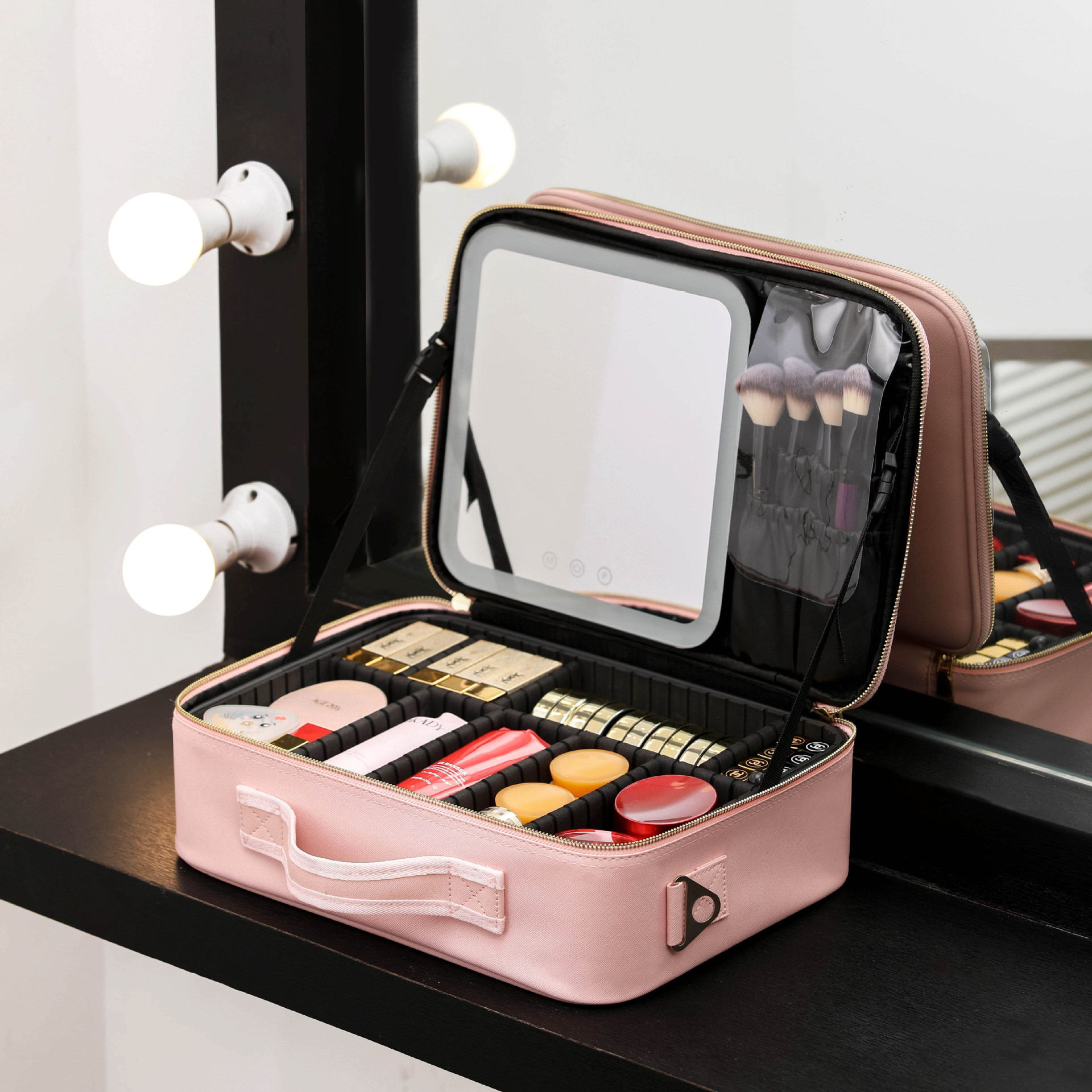 Espejo grande HD con luz LED, color rosa.