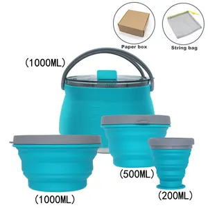 Camping Cooking Utensils Set Cookware Pot Bowl Cups Cook Set Silicon Foldable Water Kettle Silicone Outdoor Camping Cooking Set