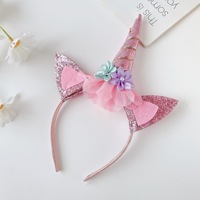 Ikat Kepala Unicorn Perak dengan Bunga, Telinga & Tanduk Berkilau, Lingkaran Rambut Pesta Kostum Anak, Aksesori Rambut Anak untuk Anak Perempuan