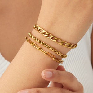 Fashion Chain <b>Bracelet</b> <b>Set</b> Gold Plated Stainless Steel Unisex Geometric Design Jewelry - Product Image 1