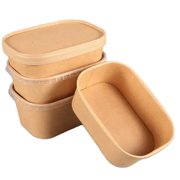 Descartável Rectangular Salada Comida Almoço Papel Kraft Servindo Togo Tigelas Com Tampa Reciclável Quadrado Take Out Salad Paper Bowl