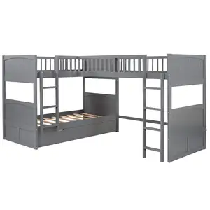 2023 novo design de quarto conjuntos de móveis camas infantis duplas-gêmeos de madeira em forma de l cama de cozimento tripla com escada e gaveta de armazenamento