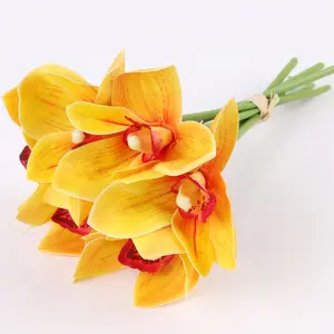 Toptan yüksek kalite gerçek dokunmatik lateks yapay 6 demetleri cymbidium çiçek ev düğün dekor çiçekler