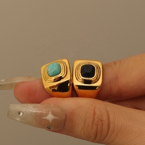 Thời trang retro phong cách Vuông hình học Chunky 18K mạ vàng thép không gỉ nhẫn phụ nữ Lapis đá vòng sang trọng đá quý Nhẫn - Product Image 1