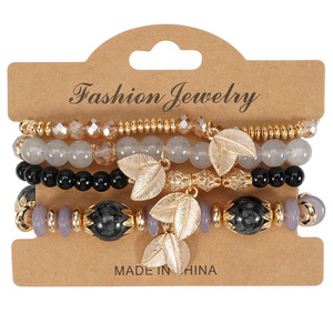 Fashion Jewelry <b>Beaded</b> <b>Bracelets</b> Set Gold Plated Leaf Charm Women's Bohemia Style Multilayer Stretch <b>Bracelet</b> Made In China - Product Image 5