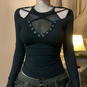 Camiseta de Malla Estilo Vintage Oscuro y Atrevido, Ecológica, para Chicas Modernas, Sexy, Ajustada, de Manga Larga, para Otoño - Product Image 1