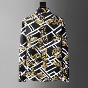 <span class=keywords><strong>Chemise</strong></span> à manches longues vintage respirante anti-boulochage pour <span class=keywords><strong>homme</strong></span> avec motif audacieux cheval et or, design luxueux noir et blanc - Product Image 2
