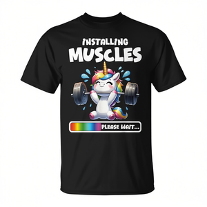 T-shirt de musculation et de fitness licorne mignon avec design 'Please Wait Installing Muscles' - Product Image 2