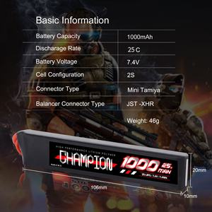 공장 가격 챔피언 <span class=keywords><strong>1000mAh</strong></span> 25C 2S 7.4V 소프트 케이스 충전식 <span class=keywords><strong>Lipo</strong></span> 배터리 팩 Airsoft 용 미니 Tamiya - Product Image 4