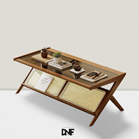 Table basse en rotin brun de style moderne du milieu du siècle avec plateau en verre et rangement, écologique et durable pour le salon
