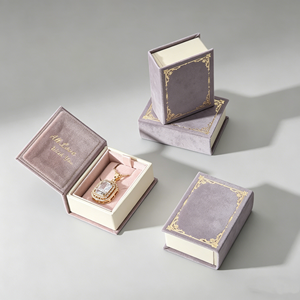 Elegant Velvet Book Shaped Jewelry <b>Box</b> With Gold Embossed Frame And Magnetic Closure For Necklace Storage - Product Image 1
