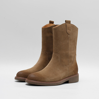 Bottines mi-mollet en cuir véritable marron pour femmes, chaussures décontractées confortables à fermeture éclair pour un usage quotidien, chaussures élégantes pour femmes