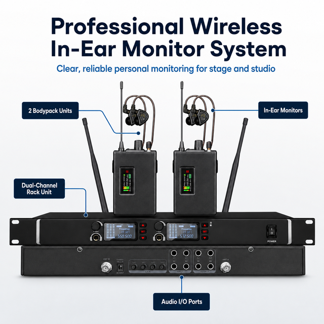 EM2060 In-Ear Monitor Wireless System for Stage Performance, Band Rehearsal, Home Studio