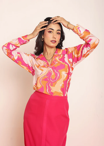 Chemisier rose vif imprimé pour femme – Blouse d'été élégante, décontractée, chic et légère pour les soirées - Product Image 2