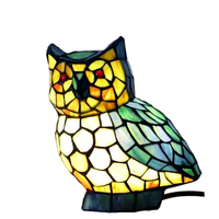 Lampe de table style moderne en forme de hibou, avec verre teinté bleu et vert, alimentation électrique