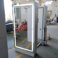 Postes de Coiffure Double Face en Acier Inoxydable avec Grand Rangement et Miroir Intégré pour Salons de Coiffure