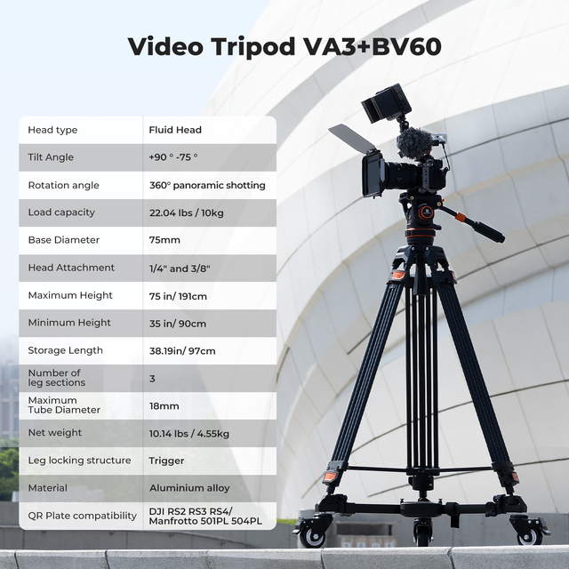 K&F Concept Heavy Duty Tripod 75" Video Tripod Stand with Fluid Head Damping Adjustable Load up to 22lbs/10KG QR Plate