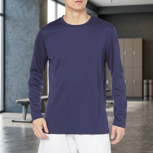 Men's Solid Navy Long Sleeve O-Neck Quick Dry Polyester T-Shirt Regular Fit Casual Sport <b>Top</b> - Product Image 4
