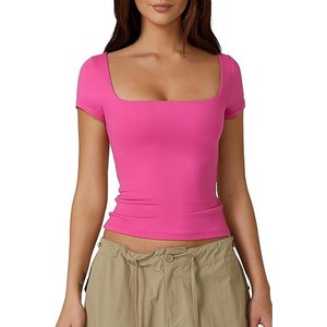 Haut court ajusté pour femme 2026, couleur unie, col <span class=keywords><strong>carré</strong></span>, manches courtes, style décontracté - Product Image 6