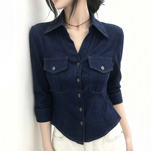 Women's <b>Stretch</b> <b>Denim</b> Shirt Long Sleeve Button Down Fitted Jean Blouse Turn Down Collar Casual Fashion Western Top - Product Image 1