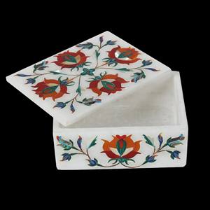 Joyero de Mármol Blanco Makrana con Incrustaciones Florales de Cornalina y Malaquita Talladas a Mano, Regalos Especiales para San Valentín - Product Image 2