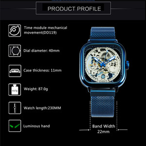 Winner 075 Đồng Hồ Nam Màu Xanh Chính Thức Thương Hiệu Hàng Đầu Đồng Hồ Cơ Tự Động Cao Cấp Đàn Ông Chạm Khắc Nam Châm Dây Đeo Lưới Skeleton - Product Image 2
