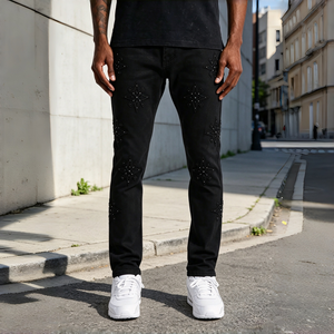 Pantalones Vaqueros Negros Ajustados con Apliques de Estrellas de Diamantes de Imitación para Uso Diario Casual Urbano - Product Image 1