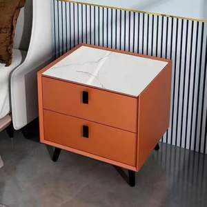 Meuble de rangement de chevet moderne et fonctionnel à double tiroir avec éclairage LED, plateau en métal, organisateur de chambre pour appartement et hôtel - Product Image 1