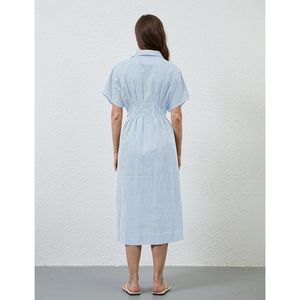 FOXA Women Button Front Pleated Shirt Maxi <b>Dress</b> Striped Short Sleeve Turn-down Collar <b>Elastic</b> Waist Casual Summer <b>Dress</b> - Product Image 4