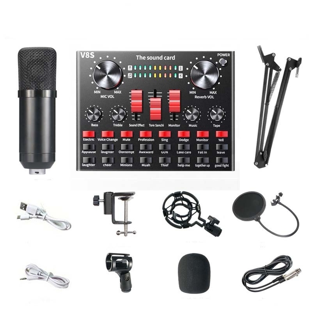 Factory Price V8S Sound Card Mobile Phone Computer Anchor Live K Song Recording Microphone