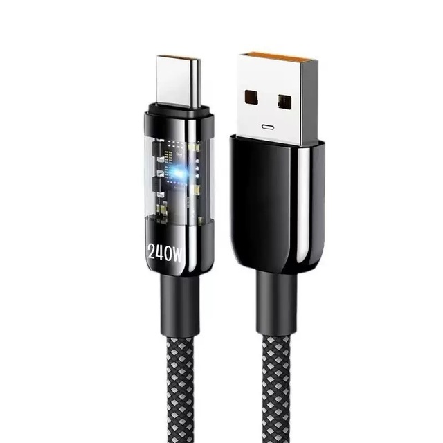 Transparent Glow 240W High Speed Super Fast Charging Data Transfer QC 3.0 USB to Type C Charger Cable for Mobile Phone Computer