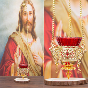Turibolo Dorato da Chiesa Ortodossa con Finiture in Pietre Preziose e Set <span class=keywords><strong>Calice</strong></span> in Vetro Rosso Decorazione per Altare Rituale Bruciatore di Incenso Vaso Sacro - Product Image 3