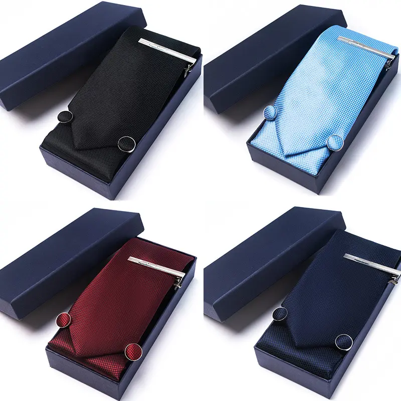 New Design Plaid Blue Red check custom men tie cufflink tie clip 5 piece set solid color gift sets
