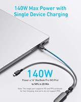 Kabel Data ANKER 2 in 1 Flat 140W Tipe C 4ft, Kabel USB C ke USB C Nylon Tahan Lama, Pengisian Cepat untuk Laptop iPhone