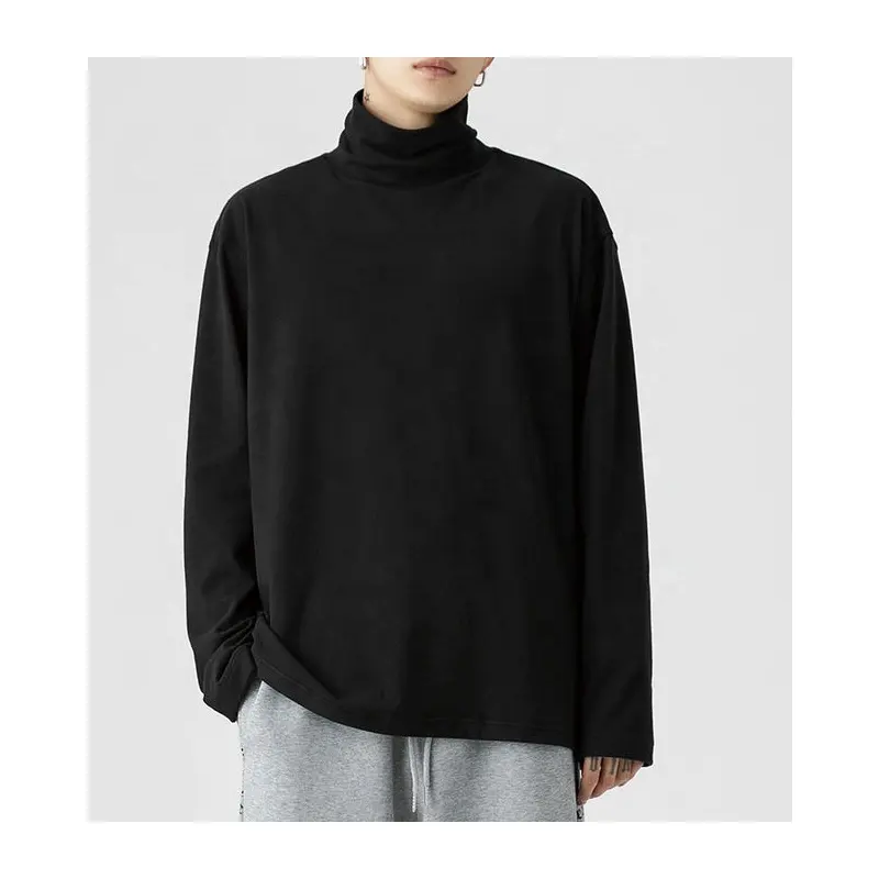 Spring Blank Fashion Trend Japanese Turtleneck Long Sleeve 100% Cotton Black Men's Custom Printed T-Shirt