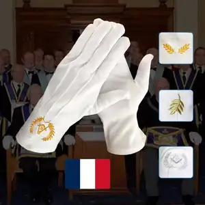 Individuelle französische weiche Absorption Belastungsfestigkeit Kirche freimaurerisch gesticktes Logo Baumwolle Regalia Handschuh