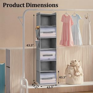 Hanging Closet Organizer <b>6</b>-Shelf With 3 <b>Drawers</b> Modern Clothing Storage For Bedroom Hook Type Non-Woven Fabric - Product Image 3