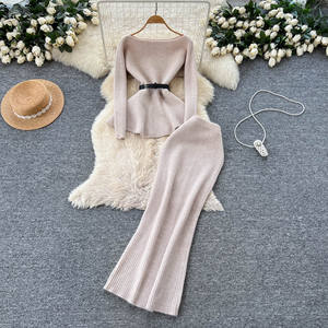 Set Kasual 2 Potong untuk Wanita Atasan Tunik Berikat dan Rok Rajut Setelan Ropa Grosir - Product Image 4