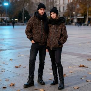 Sudadera con capucha unisex de invierno estilo streetwear americano, cortavientos y cálida, con cuello de piel, diseño personalizado con estampado de leopardo, cremallera y corte oversize. - Product Image 1