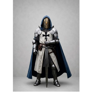 Costume d'armure complète 3D de Chevalier Templier en acier, avec cape bleue à capuche, pour guerrier croisé médiéval, reconstitution historique et casting - Product Image 1